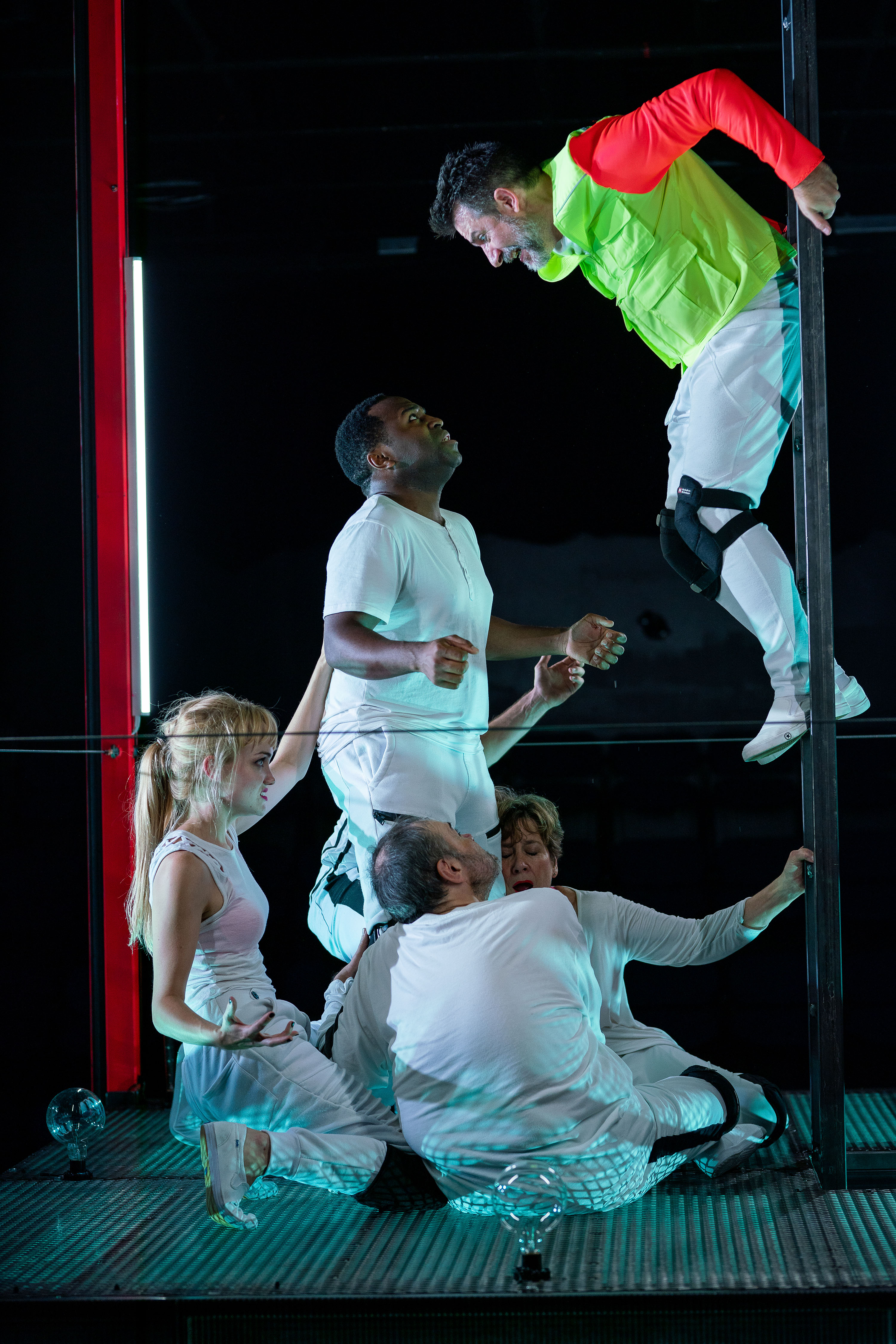 (Clockwise from left): Ashley Risteen,. Omar Robinson, John Kuntz, Debra Wise, and Remo Airaldi in FRANKENSTEIN. Photo: Nile Scott Studios.