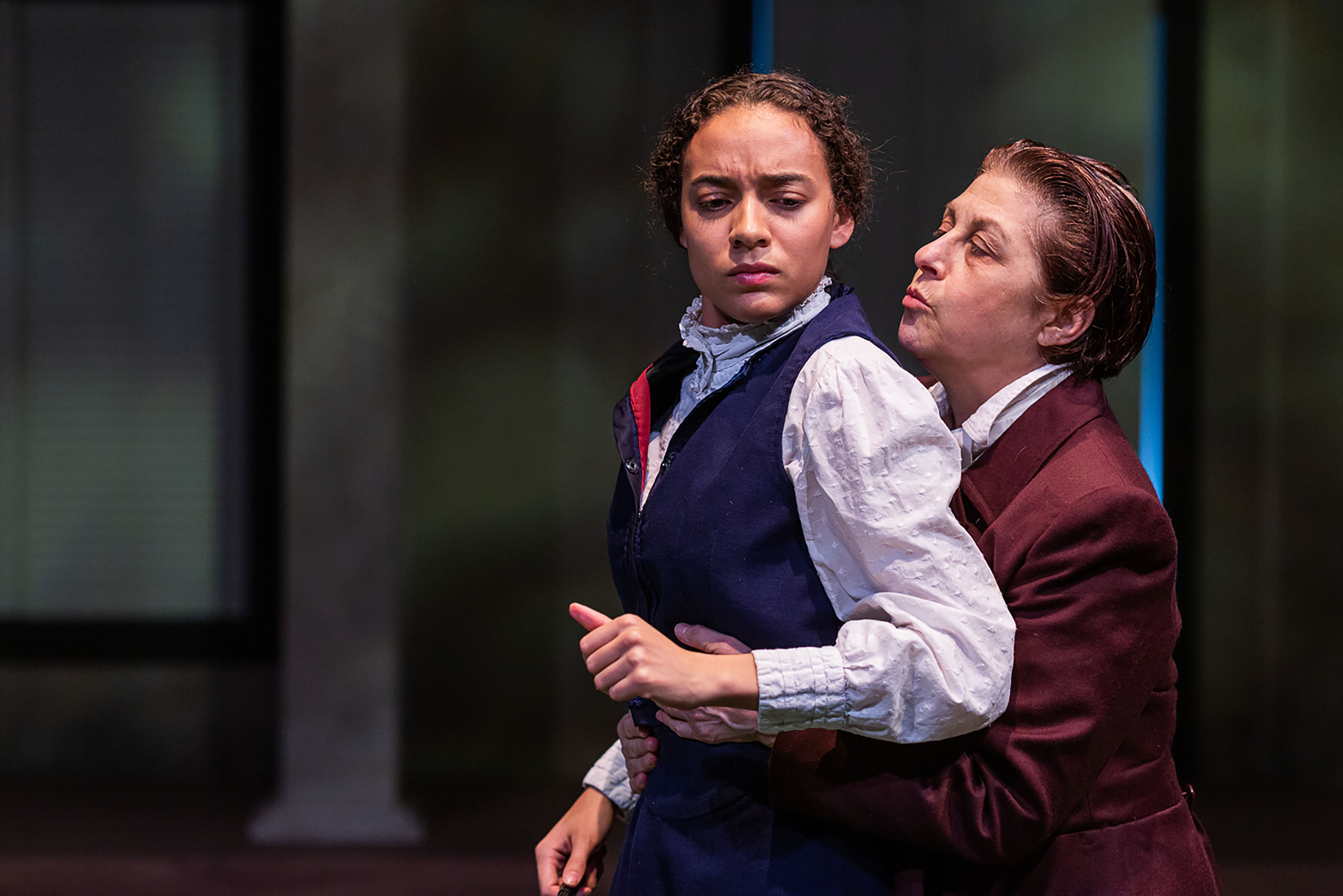 Aislinn Brophy (Ms. Saunders) and Stephanie Clayman (Clive) in Act 1 of Cloud 9. Photo: Nile Scott Studios.