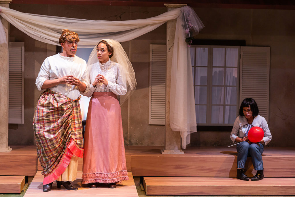 Joshua Wolf Coleman (Betty), Aislinn Brophy (Ellen), and Sophorl Ngin (Edward) in Act 1 of Cloud 9. Photo: Nile Scott Studios.