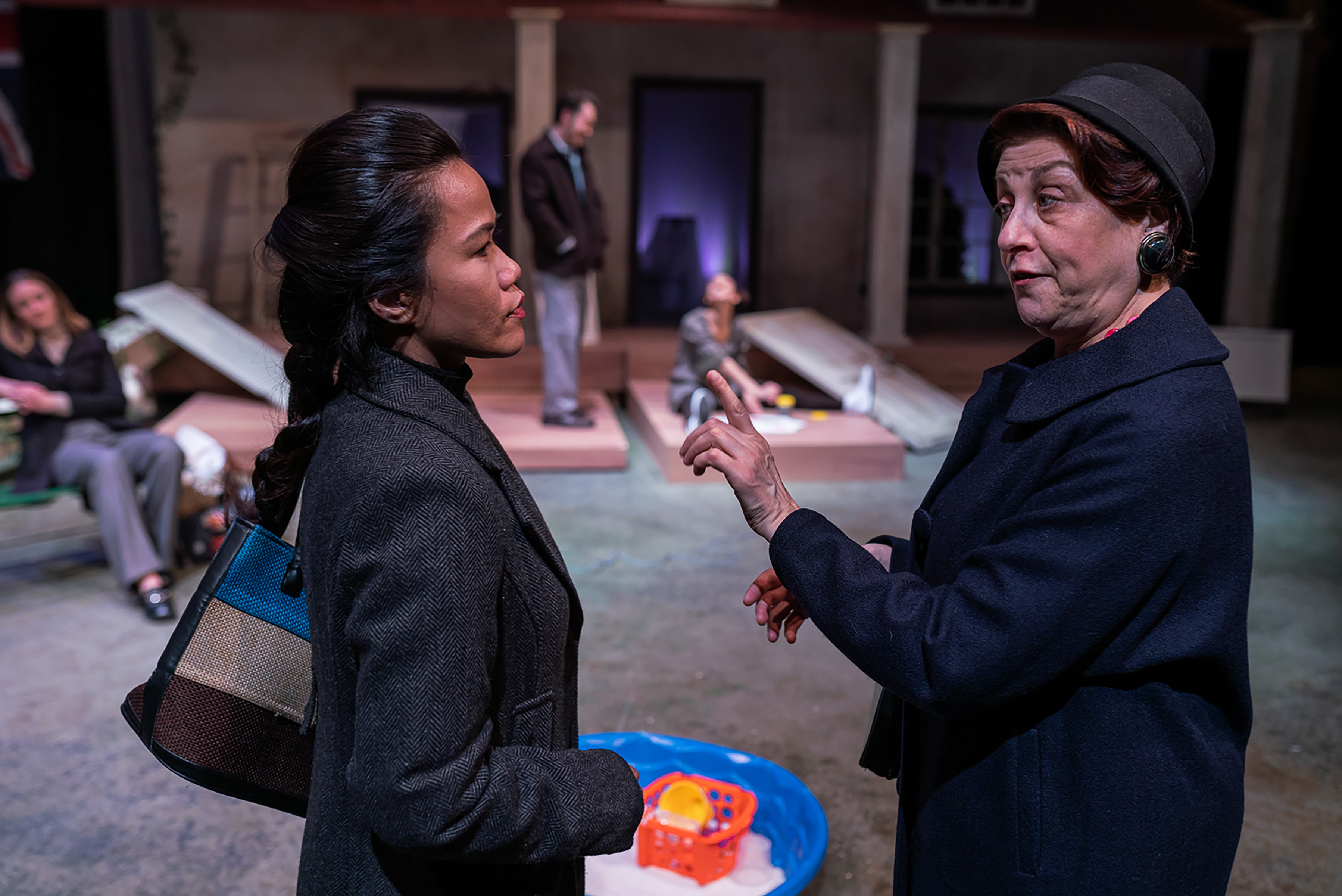 Sophorl Ngin (Vicki) and Stephanie Clayman (Betty 2) in the foreground with , Marge Dunn (Lin), Alexander Platt (Edward), and Aislinn Brophy (Cathy) in Act 2 of Cloud 9. Photo: Nile Scott Studios.