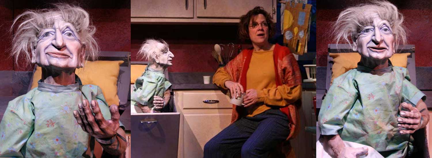 The Father puppet - modeled after Saul Slapikoff. And Fatih, played by Debra Wise. A scene from State of Grace, inspired by the writings of Grace Paley. Puppet and set designed by David Fichter.