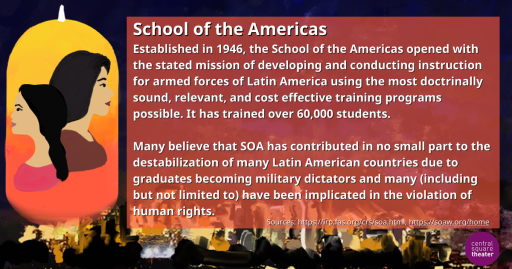 School of the Americas   Established in 1946, the School of the Americas opened with the stated mission of developing and conducting instruction for armed forces of Latin America using the most doctrinally sound, relevant, and cost effective training programs possible. It has trained over 60,000 students.   Many believe that SOA has contributed in no small part to the destabilization of many Latin American countries due to graduates becoming military dictators and many (including but not limited to) have been implicated in the violation of human rights.